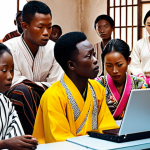 **Korean Drama Scene in Benin:** A group of young Beninese people intensely watching a Korean drama on a laptop. Focus on their expressions of fascination and the contrast between modern technology and the Beninese setting. Include elements of traditional Beninese clothing or patterns subtly incorporated into the scene.