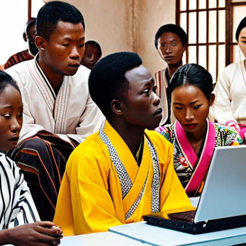 **Korean Drama Scene in Benin:** A group of young Beninese people intensely watching a Korean drama on a laptop. Focus on their expressions of fascination and the contrast between modern technology and the Beninese setting. Include elements of traditional Beninese clothing or patterns subtly incorporated into the scene.