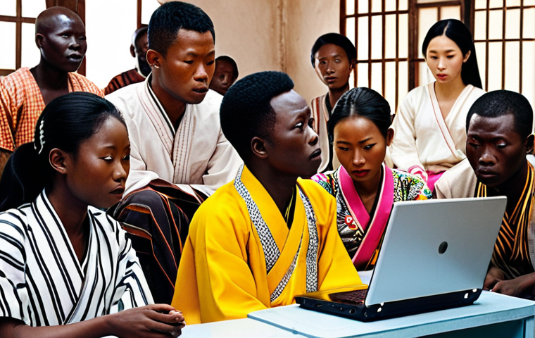 **Korean Drama Scene in Benin:** A group of young Beninese people intensely watching a Korean drama on a laptop. Focus on their expressions of fascination and the contrast between modern technology and the Beninese setting. Include elements of traditional Beninese clothing or patterns subtly incorporated into the scene.