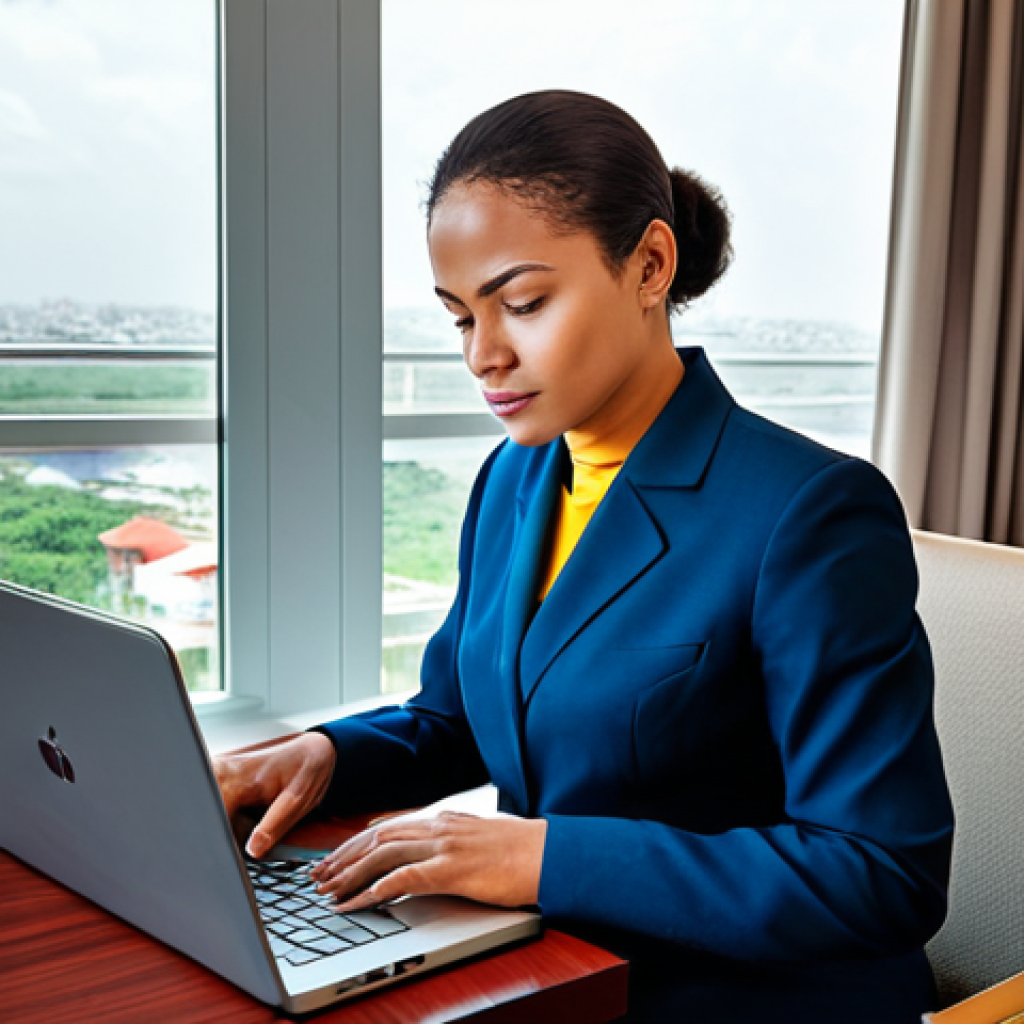 Cotonou Business Traveler**
"A professional businesswoman, fully clothed in a modest business suit, working on a laptop in a modern hotel room in Cotonou, Benin. Bright, clean room with city view. Appropriate attire, safe for work, perfect anatomy, natural proportions, professional setting."
**