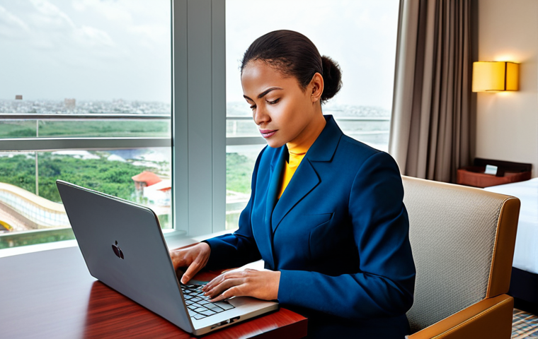 Cotonou Business Traveler**

"A professional businesswoman, fully clothed in a modest business suit, working on a laptop in a modern hotel room in Cotonou, Benin.  Bright, clean room with city view. Appropriate attire, safe for work, perfect anatomy, natural proportions, professional setting."

**