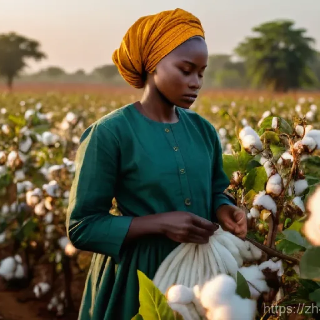 베냉의 주요 산업과 기업 - **"Golden Hour Cotton Harvest in Benin"**: A visually rich and warm scene depicting a cotton field i...