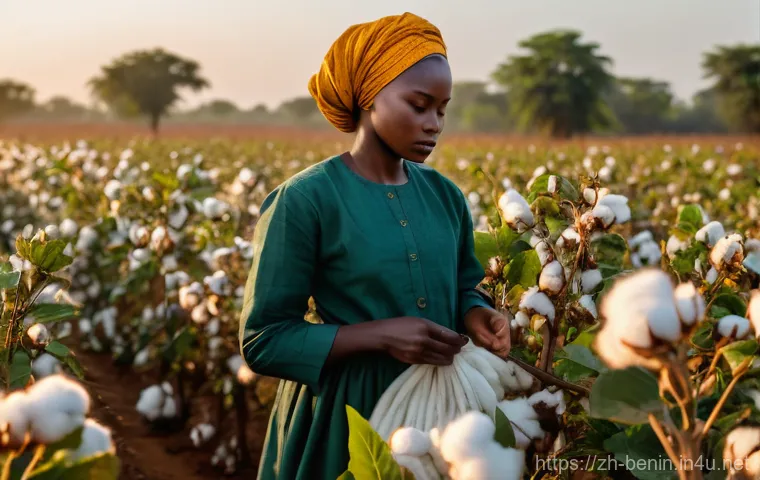 베냉의 주요 산업과 기업 - **"Golden Hour Cotton Harvest in Benin"**: A visually rich and warm scene depicting a cotton field i...