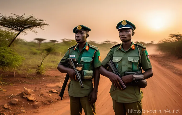 베냉의 주요 사건과 사고 - **Vigilant Beninese Border Patrol at Dusk:**
    *   **Prompt:** A detailed, realistic photograph of...