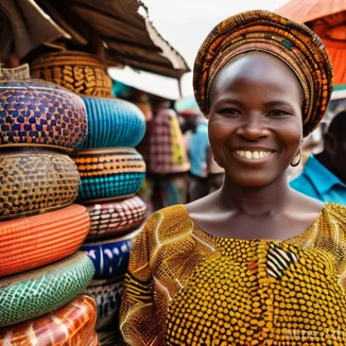 베냉의 소셜미디어 트렌드 - A vibrant scene in a bustling market in Cotonou, Benin, featuring a friendly Beninese woman, approxi...