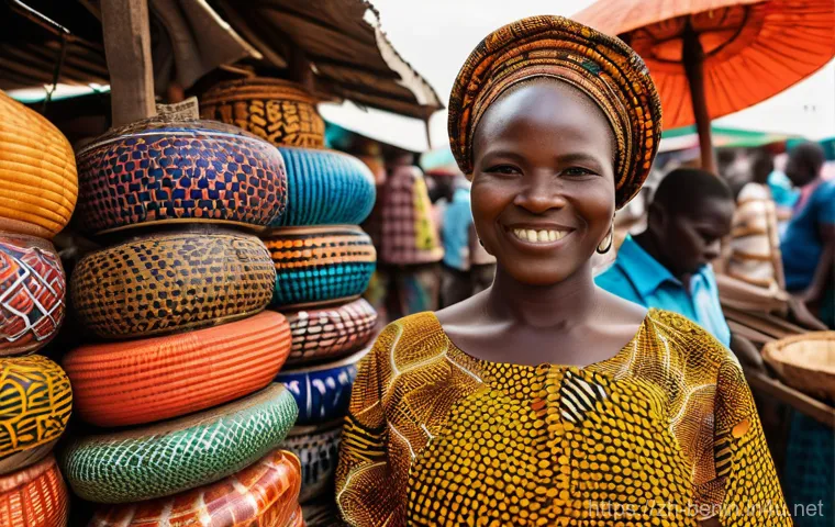 베냉의 소셜미디어 트렌드 - A vibrant scene in a bustling market in Cotonou, Benin, featuring a friendly Beninese woman, approxi...