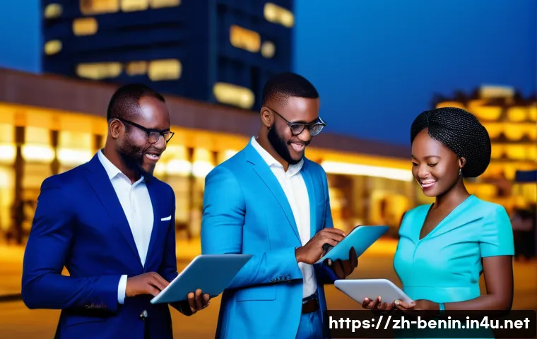 베냉의 스타트업 생태계 - **Prompt:** A bustling, vibrant cityscape of Cotonou, Benin, at dusk. Modern, sleek skyscrapers with...